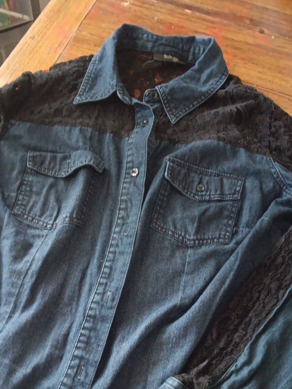 Style &co.Lace-Panel Denim Shirt- Blue